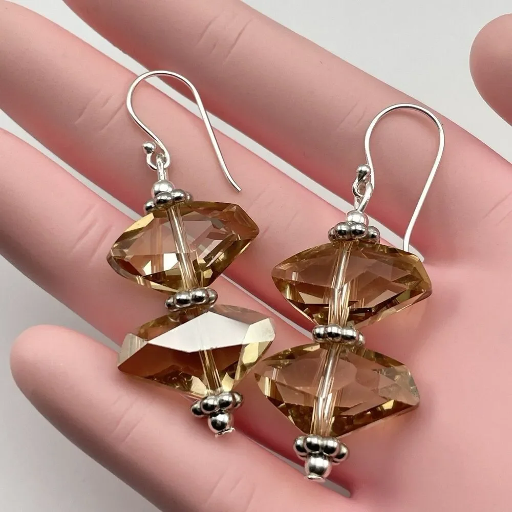 Made With Swarovski Crystals Champagne Beaded Sterling Silver Earrings Dangle
